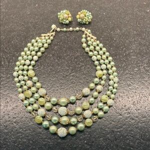 Vintage 4 layered Green Faux Pearl and beaded Necklace and clip-on Earring Set